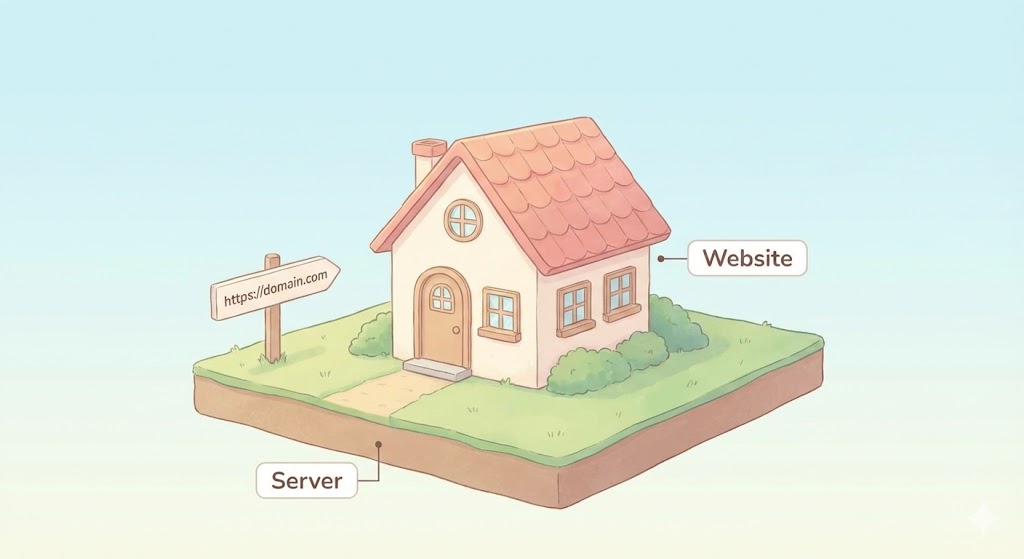 サーバーを土地・ドメインを住所・Webサイトを家に例えた仕組みの解説イラスト