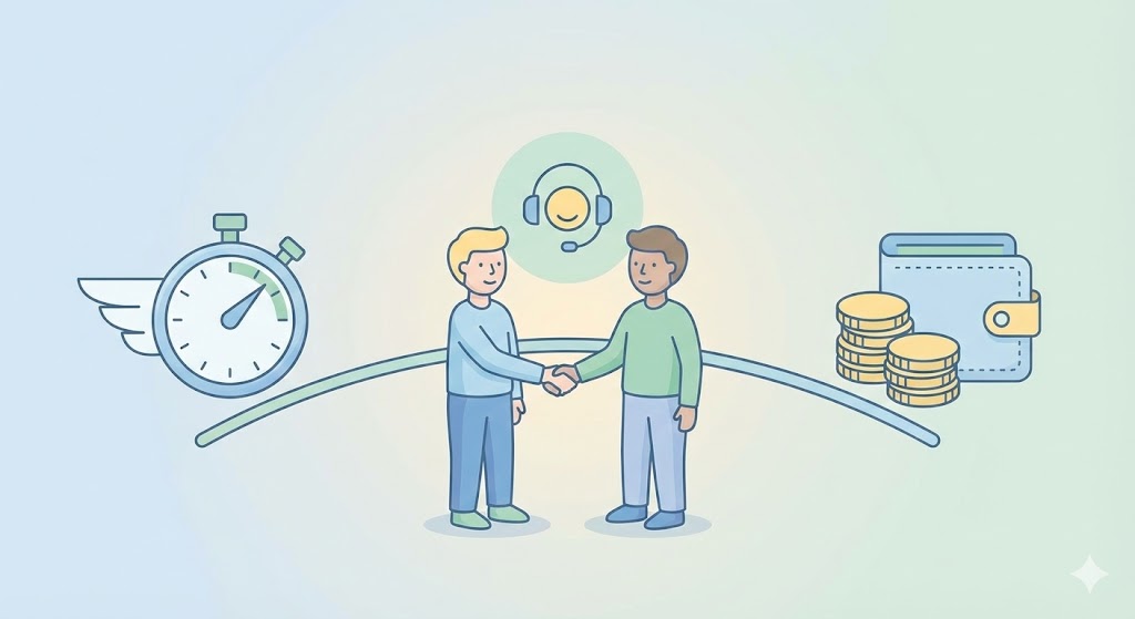 サポート体制・納得の費用感を表すアイコンと握手をする2人のイラスト