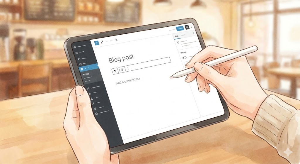 タブレットを使ってブログ記事を執筆している手元。専門知識がなくても簡単にWebサイトを更新できるイメージ