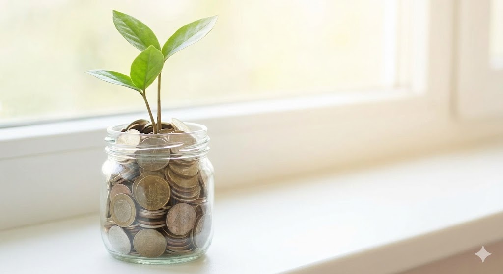 コインが詰まった瓶から植物が芽を出している様子。初期費用や運用コストを賢く抑えられる経済的なメリットのイメージ