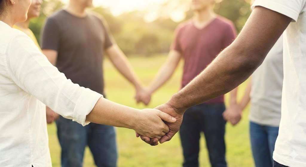 輪になって手をつなぐ人々の様子。世界中で多くのユーザーに利用され支えられている安心感とコミュニティのイメージ