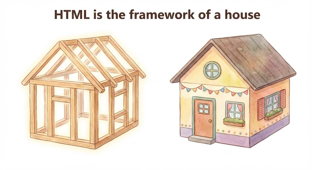 木造住宅の骨組みと完成した家のイラストの比較。HTMLがWebサイトの骨組みであることを表す図