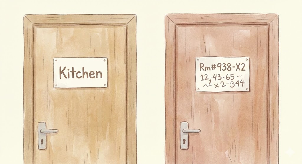 「Kitchen」と分かりやすく書かれたドアと、意味不明な英数字が羅列されたドア。Webページのスラッグを部屋の名札に例えたイラスト