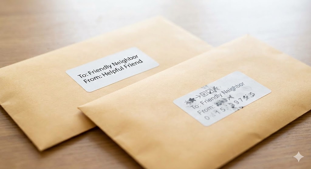 宛名が明記されたきれいな封筒と、宛名が文字化けして汚れた封筒。URLの分かりやすさが信頼感に直結することを郵便物で比較した画像