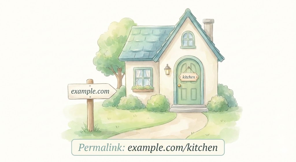 「example.com」という家の外観と「kitchen」という部屋のドア。ドメインとパーマリンク（スラッグ）の関係性を家の構造で示したイラスト