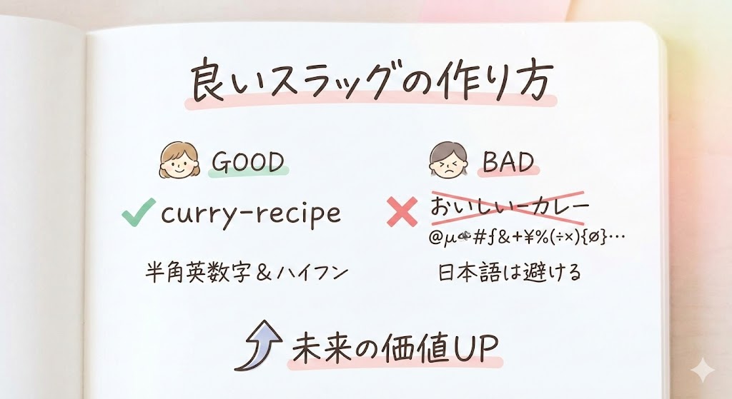 良いスラッグと悪いスラッグの具体例をまとめたノート。「curry-recipe」のような半角英数字とハイフンの使用を推奨し、日本語URLを避けるポイントを図解