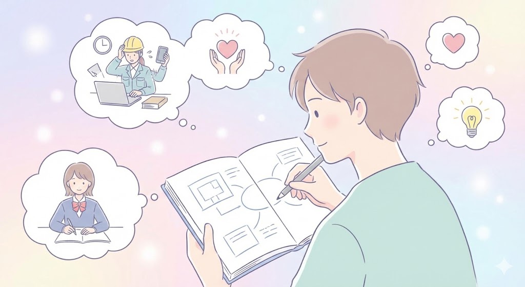 ブログ記事のターゲット読者とゴールを構想しながらノートに設計図を書く様子のイラスト