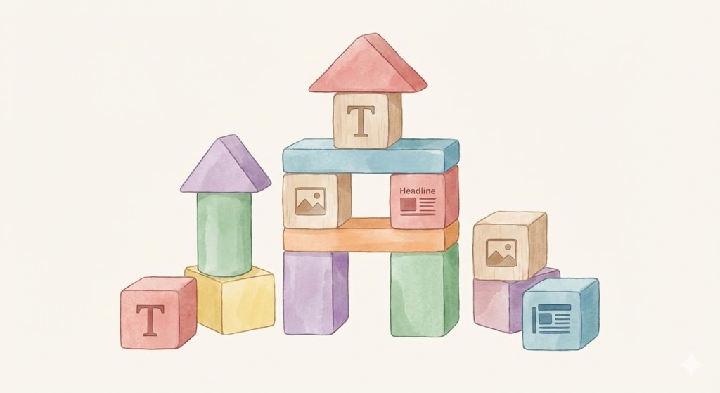 WordPressのブロックエディタを積み木で表現したイラスト。テキストや画像ブロックを積み上げている様子