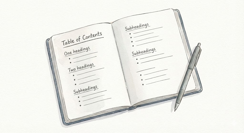 ブログ記事の目次構成（H2見出しやH3小見出し）が階層化して書かれたノートのイラスト