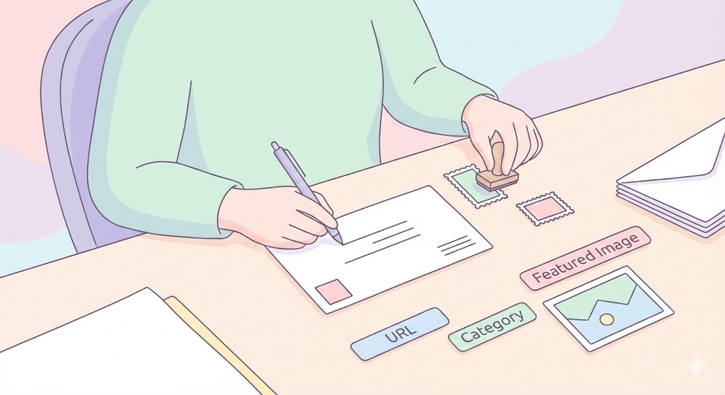 WordPressの投稿設定（URL、カテゴリー、アイキャッチ）を手紙の宛名書きと切手に例えたイラスト