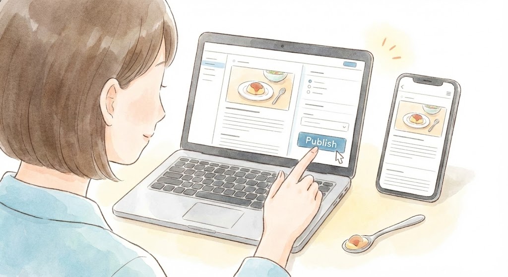 パソコンとスマートフォンの両方でブログ記事の表示確認（プレビュー）を行い、公開ボタンを押す女性のイラスト