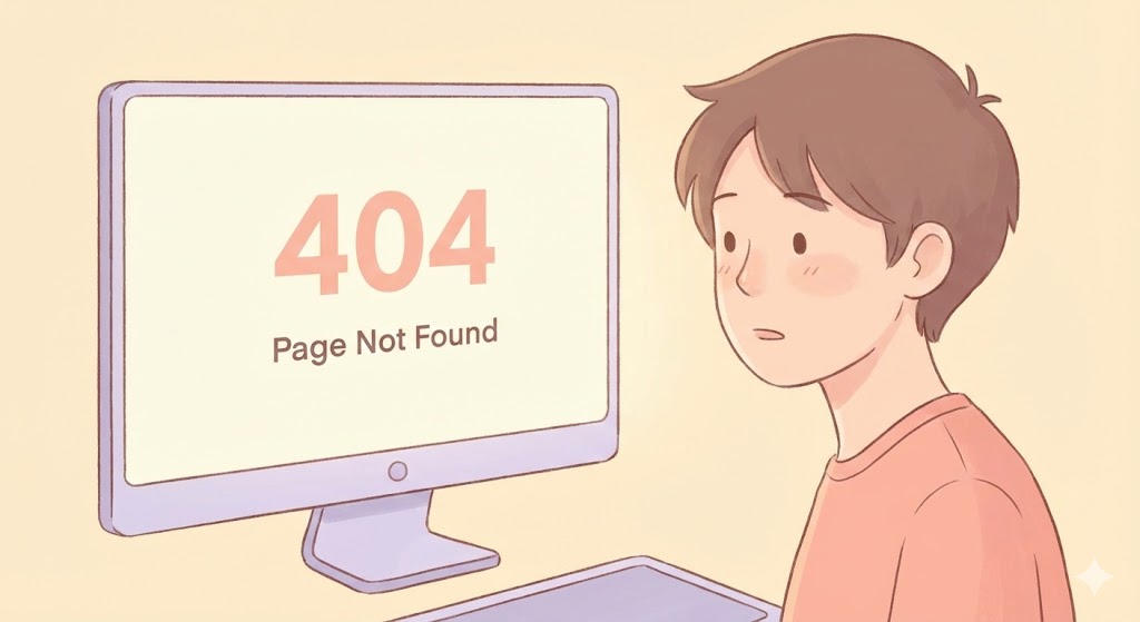 パソコン画面に表示された404エラーを見て困惑している人物のイラスト。リダイレクトが設定されていない状態を示しています。