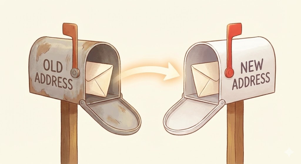 古い住所の郵便受けから新しい住所の郵便受けへ手紙が自動的に転送されるイラスト。リダイレクトの仕組みを郵便に例えています。