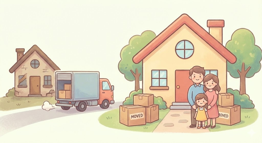家族が古い家から新しい家へ完全に引っ越しをしている様子を描いたイラスト。301リダイレクトの比喩表現です。