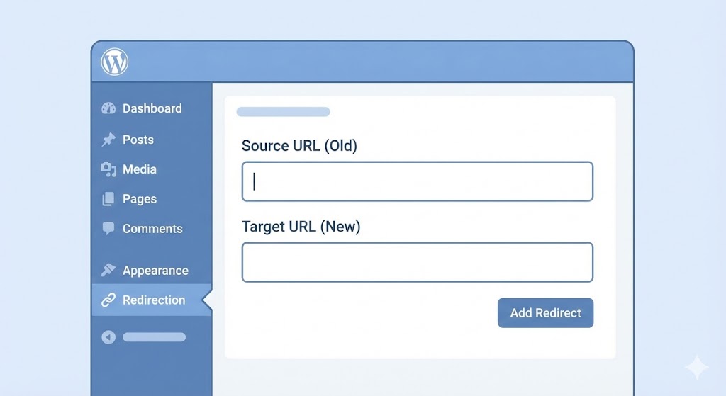 WordPressのダッシュボードにあるリダイレクト設定画面。古いURLと新しいURLを入力するフォームが表示されています。