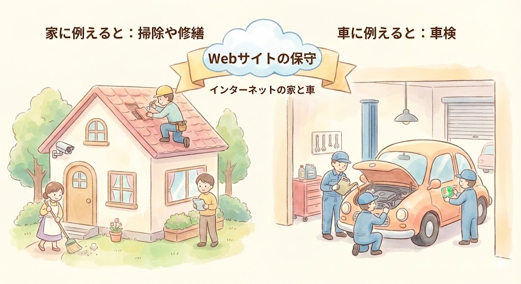 Webサイトの保守を家と車に例えた図解。左側は家の屋根修理や掃除をしている様子で「家に例えると：掃除や修繕」、右側は整備工場で車を点検している様子で「車に例えると：車検」と記載されているイラスト。
