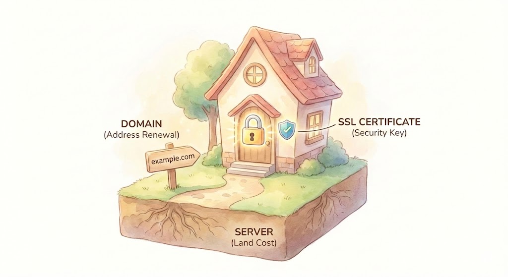 Webサイトの維持費（インフラ）を家の構造で解説した図。土台となる土地が「SERVER（サーバー代）」、住所の看板が「DOMAIN（ドメイン更新料）」、ドアの鍵が「SSL CERTIFICATE（SSL証明書）」であることを示しているイラスト。