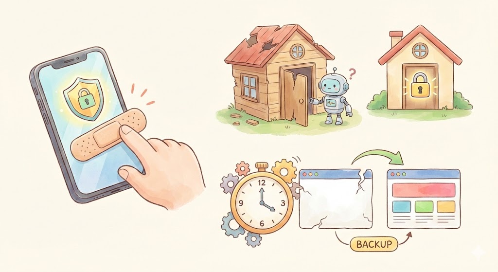 セキュリティ対策とバックアップのイメージ図。スマホのアップデート（絆創膏）、放置されてボロボロになった家と管理された家、壊れたWebサイトがバックアップによって修復される様子を描いた3つのイラストセット。