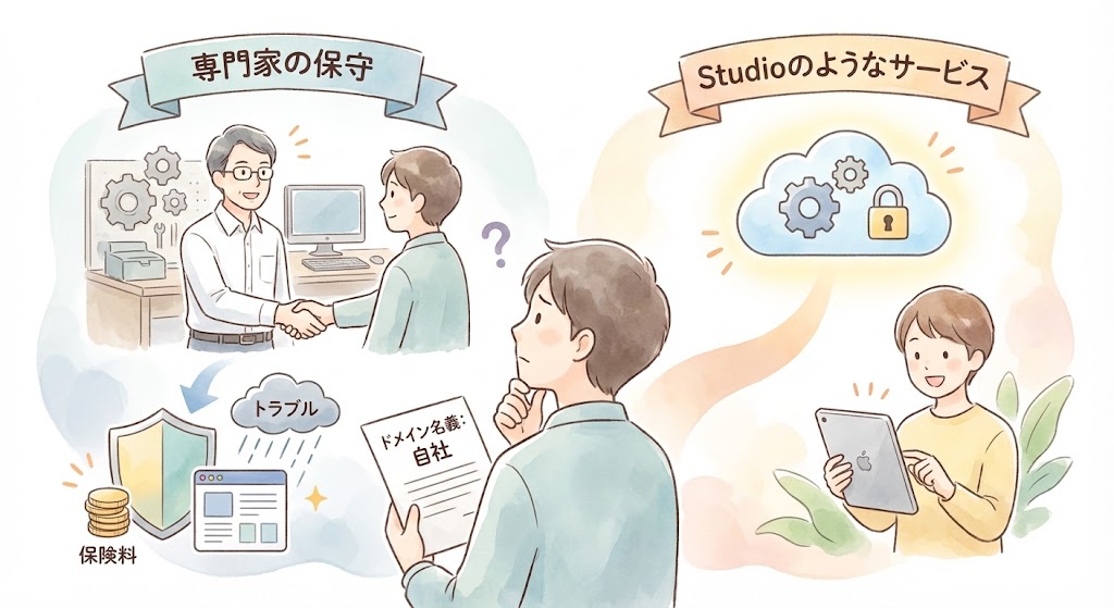 Webサイト保守の依頼方法の比較図。左側は「専門家の保守」として制作会社と握手し保険で守られる様子。右側は「Studioのようなサービス」として、クラウド上で管理されタブレットで簡単に運用できる様子を描いたイラスト。