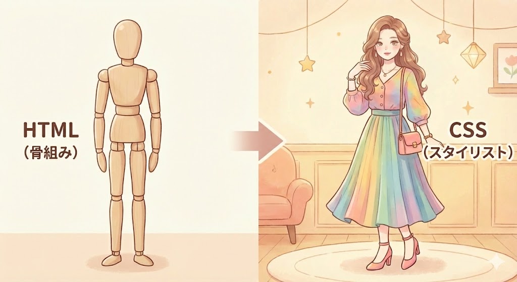HTMLとCSSの役割の違いを表した比較図。HTMLを「骨組みだけのマネキン」、CSSを「服を着てメイクをした女性」に例え、CSSがWebサイトの見た目や個性を決定づける様子を表現している