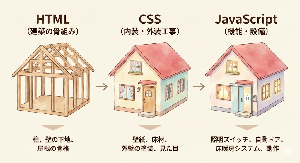HTML、CSS、JavaScriptの役割の違いを家づくりに例えた図解。HTMLは「建築の骨組み」、CSSは「内装・外装」、JavaScriptは「照明や自動ドアなどの機能・設備」を担当していることを3段階のイラストで解説