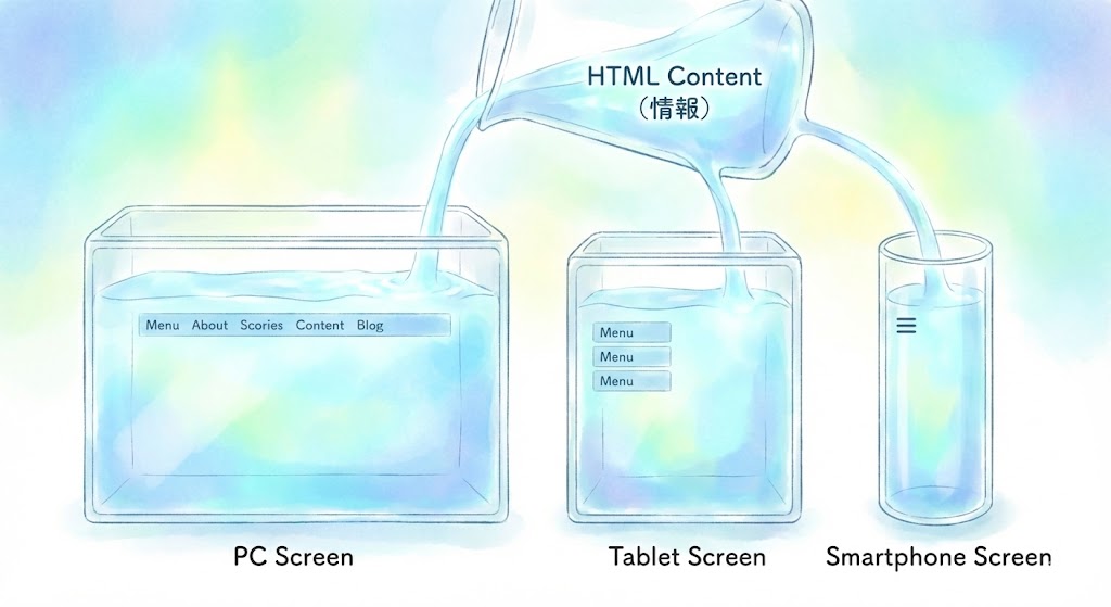 レスポンシブデザインの概念図。HTML（情報）を水に例え、PC、タブレット、スマートフォンという異なる大きさの器（画面）に合わせて、中身の水が柔軟に形を変えて収まる様子を表現