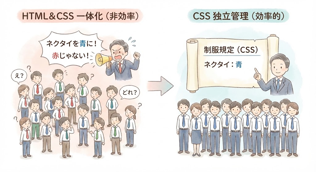 HTMLとCSSをファイルを分けるメリットの解説図。一体化していると個別に指示が必要で非効率だが、CSSで独立管理すれば「制服規定」を書き換えるだけで全員（全ページ）のデザインを一括変更できる様子を描写