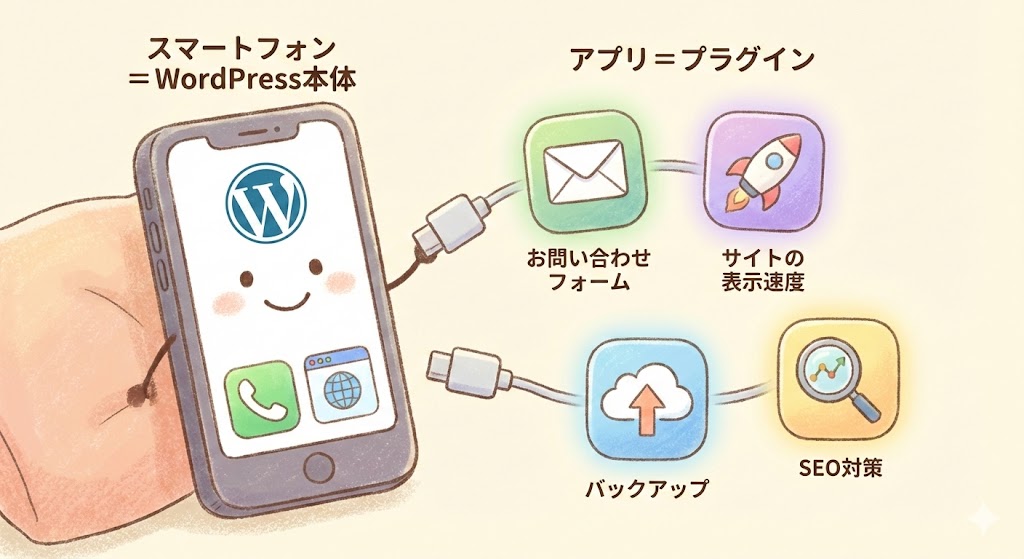 WordPressとプラグインの関係を、スマートフォンとアプリに例えて分かりやすく説明するイラスト。WordPress本体を擬人化したスマートフォンに見立て、そこにお問い合わせフォーム、サイト表示速度改善、バックアップ、SEO対策といった機能を、ケーブルで接続された個別のアプリとして追加する様子が描かれている。