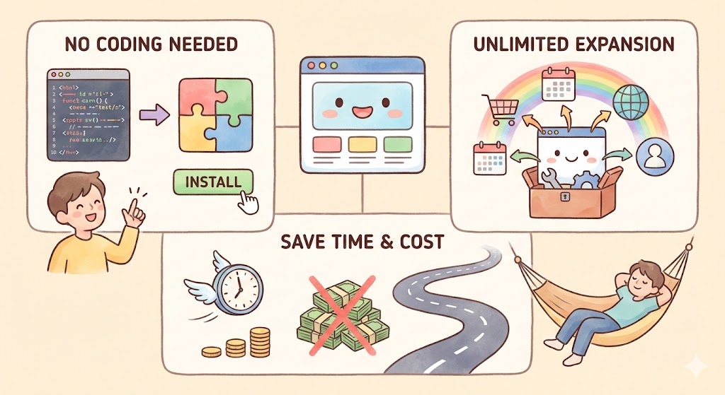 WordPressプラグインを導入する3つの大きなメリットを説明するイラスト。「NO CODING NEEDED」では専門的なコード記述が不要で簡単にインストールできる点、「UNLIMITED EXPANSION」では多様な機能でサイトを無限に拡張できる点、「SAVE TIME & COST」では開発にかかる時間と莫大な費用を節約し、運営者が楽になる点が描かれている。