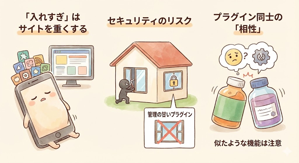 WordPressプラグインの導入リスクを3つのポイントで解説するイラスト。「入れすぎはサイトを重くする」では、多数のプラグインを抱えて動作が重くなったスマートフォン。「セキュリティのリスク」では、管理の甘いプラグインが泥棒の侵入経路になる様子。「プラグイン同士の相性」では、異なるプラグインが競合して不具合を起こす様子が、薬の飲み合わせに例えて描かれている。