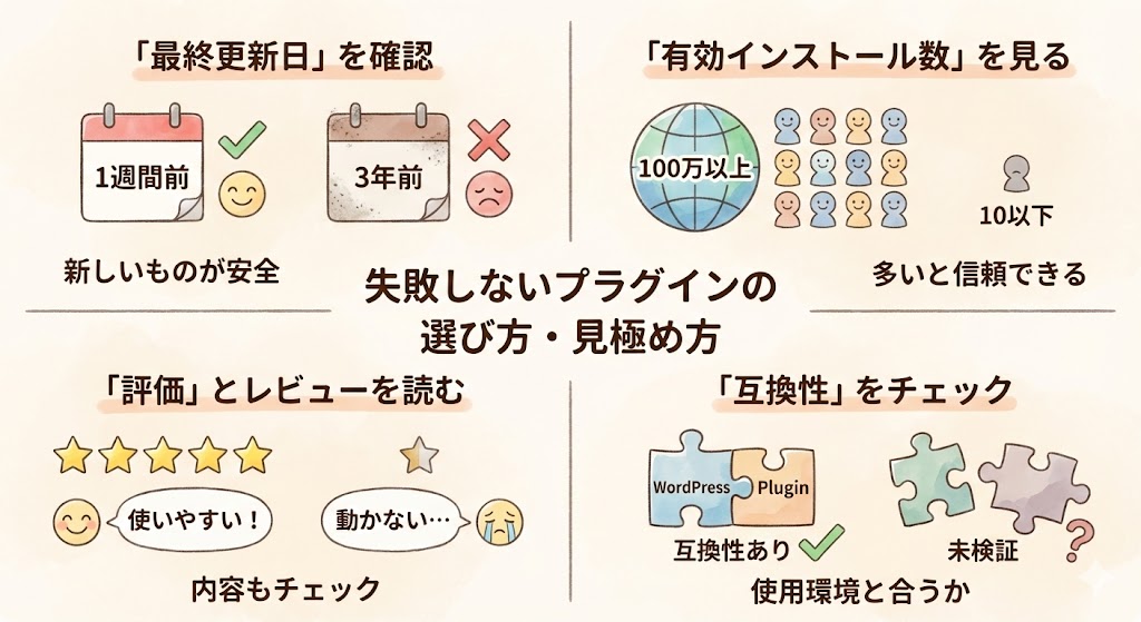 失敗しないWordPressプラグインの選び方を4つの視点で解説するイラスト。「最終更新日」では新しいものの安全性を、「有効インストール数」では数の多さによる信頼性を、「評価とレビュー」では星の数と具体的な内容の確認を、「互換性」では使用環境との適合性をチェックするよう、それぞれ図とテキストで具体的に示している。