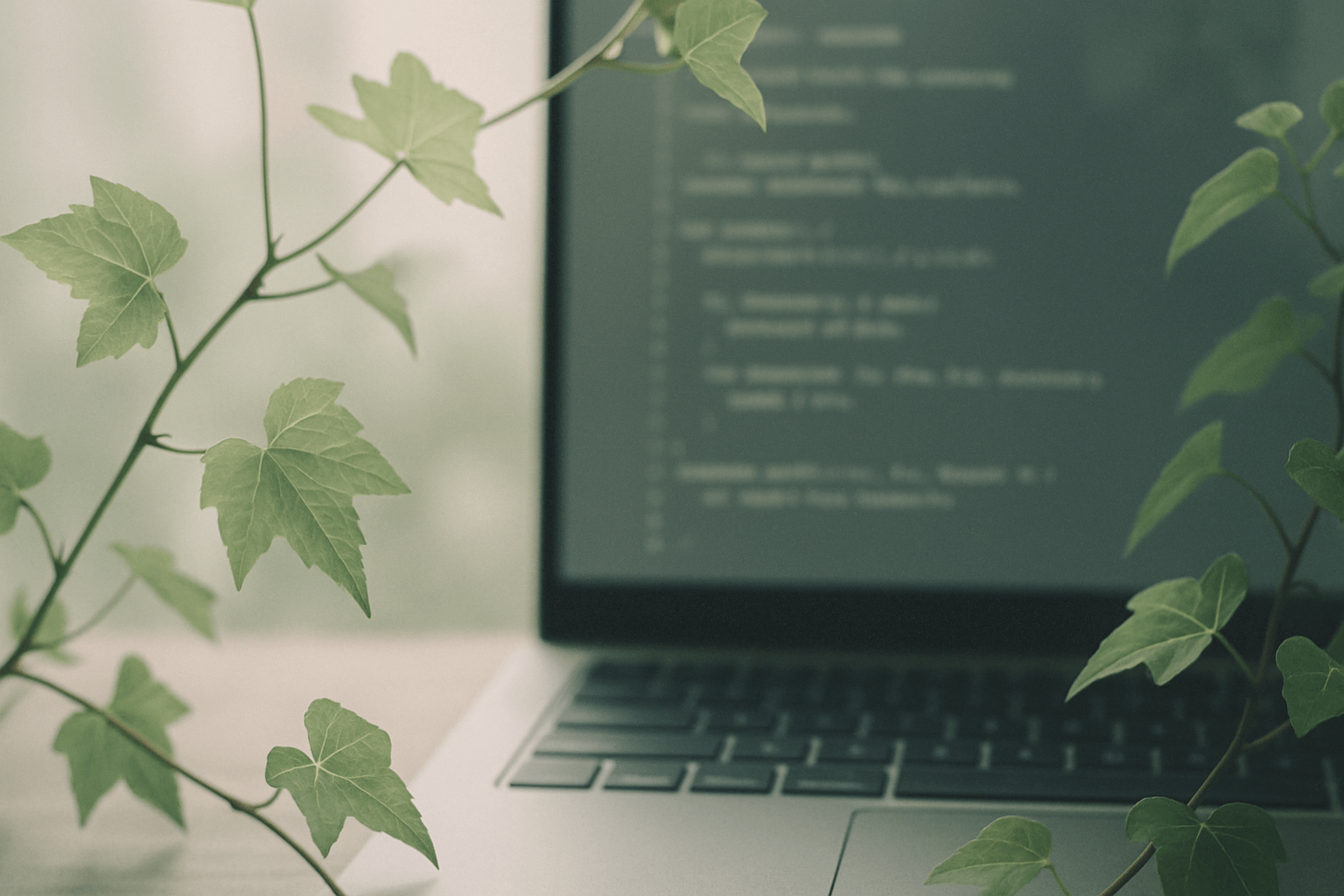 グリーンのツタとノートパソコン。Web制作と自然の調和を象徴するイメージ。