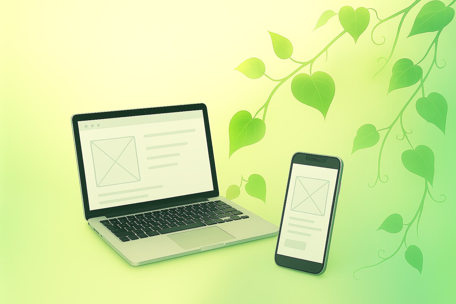 グリーンのツタが伸びる背景に、Webページのワイヤーフレームを描いたデザインイメージ。