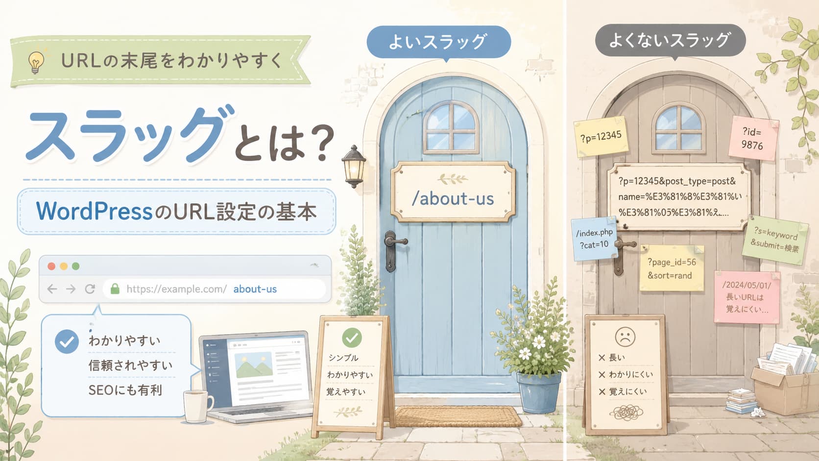 WordPressの編集画面に表示されたパーマリンクとスラッグの入力欄を指し示すイラスト。URL設定の基本をやさしく解説するサムネイル
