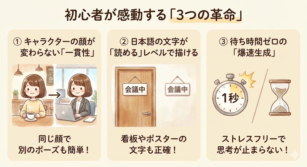 初心者が感動するNano Bananaの3つの機能。キャラクターの顔が変わらない一貫性、日本語の文字が読めるレベルで描ける能力、待ち時間ゼロの生成速度。