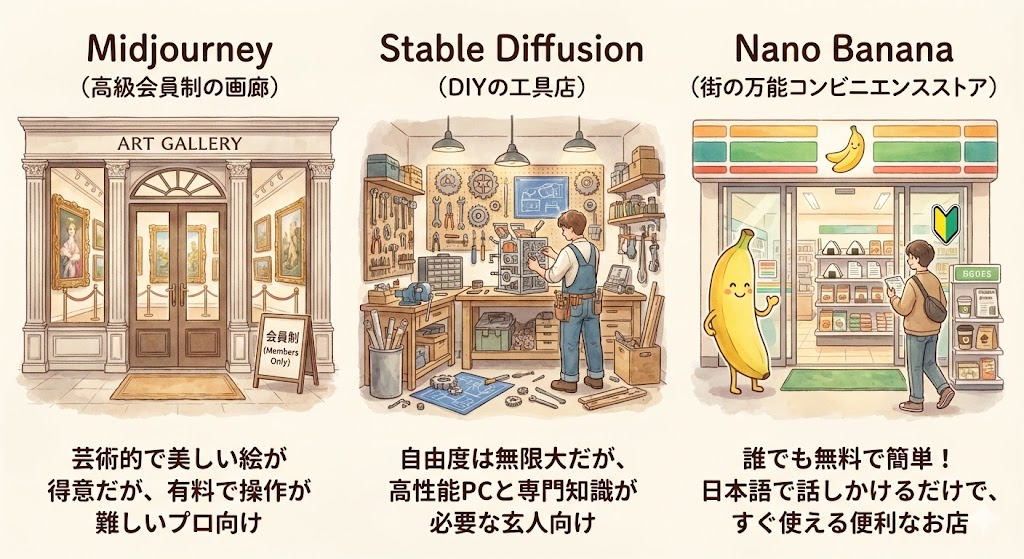 画像生成AIの比較図。Midjourney(高級画廊)、Stable Diffusion(工具店)に対し、Nano Bananaは「街の万能コンビニ」として誰でも無料で簡単に使える点を強調。