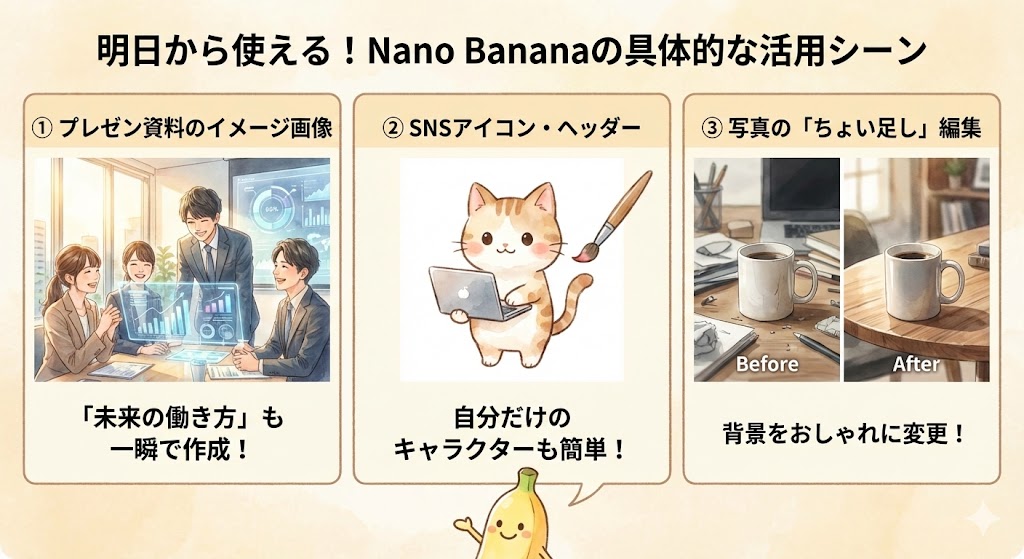 Nano Bananaの具体的な活用事例3選。ビジネスプレゼン資料の挿絵、SNSアイコン作成、写真の背景変更や修正などの編集作業。