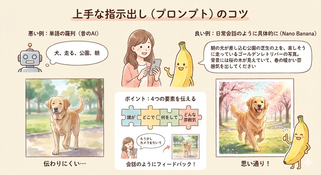 画像生成AIへの上手な指示出し(プロンプト)のコツ。単語の羅列ではなく、日常会話のように「誰が・どこで・何を・どんな雰囲気」の4要素を伝える重要性を解説。