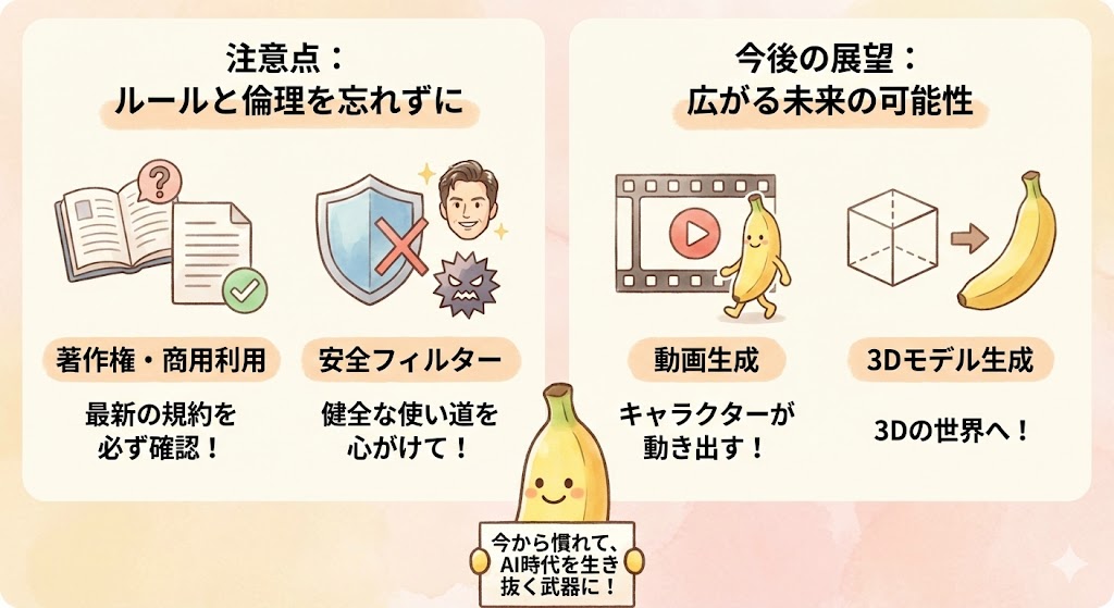 画像生成AI利用時の注意点(著作権・安全フィルター)と、動画や3Dモデル生成など今後のアップデートの可能性についての解説。