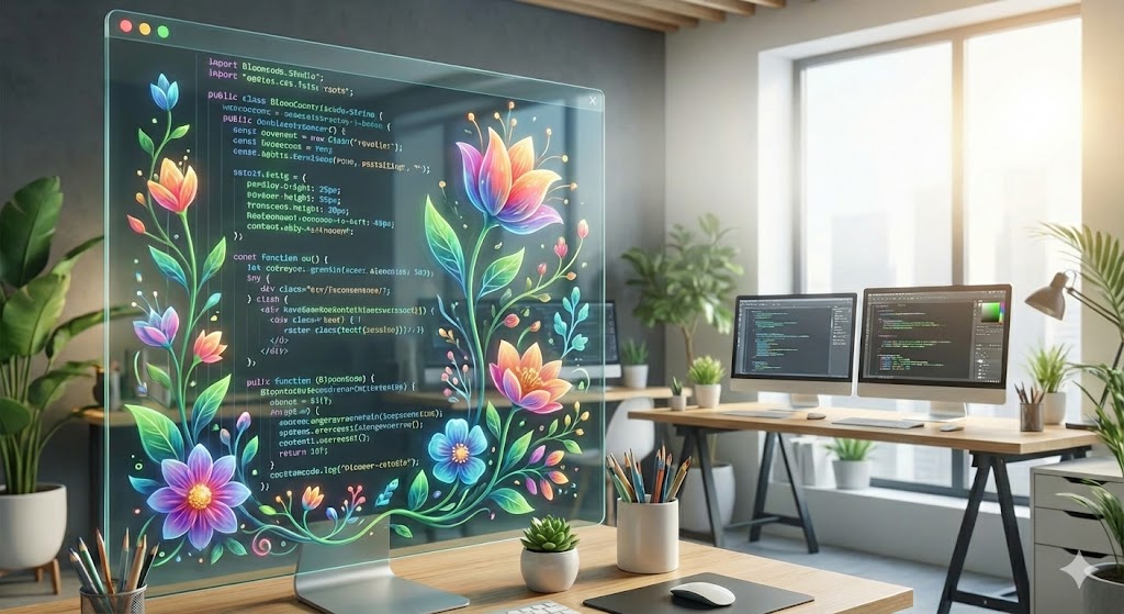 グリーンのツタが伸びる背景に、Webページのワイヤーフレームを描いたデザインイメージ。