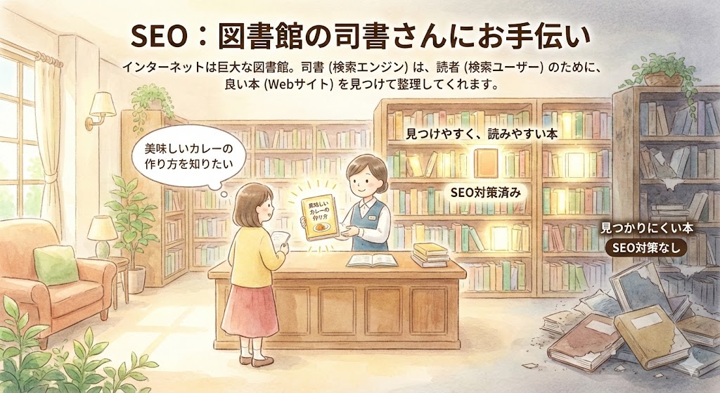 SEOの仕組みを図書館の司書に例えたイラスト。インターネットという巨大な図書館の中で、司書（検索エンジン）がユーザーの質問に合わせて最適な本（Webサイト）を見つけ出し、整理してくれる様子を表現。