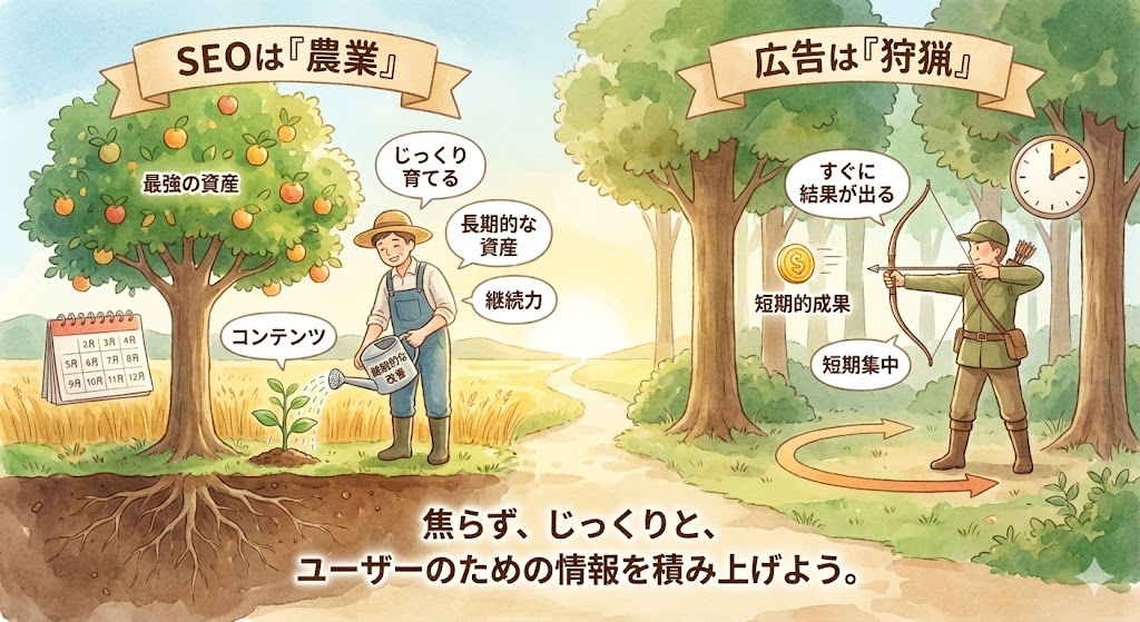 SEOを「農業」、Web広告を「狩猟」に例えた比較イラスト。じっくり時間をかけて資産を育てるSEO（農作業）と、即効性重視で短期集中型の広告（狩り）というアプローチの違い。