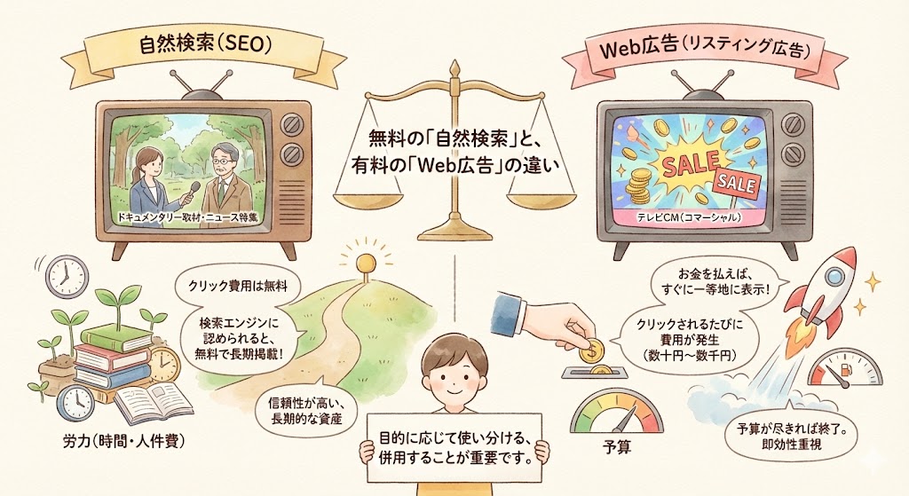 自然検索（SEO）とWeb広告（リスティング広告）の違いを比較した天秤の図解。無料だが時間がかかる「自然検索」と、費用はかかるが即効性がある「Web広告」の特徴やメリット・デメリットを対比。