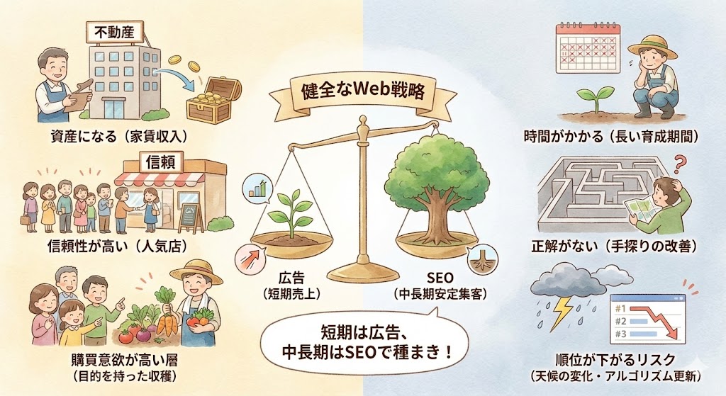 健全なWeb戦略におけるSEOと広告の使い分けを示す図。短期的売上のための「広告」と、中長期的な資産・信頼を作る「SEO」をバランスよく併用し、木を育てるようにサイトを成長させる重要性を解説。