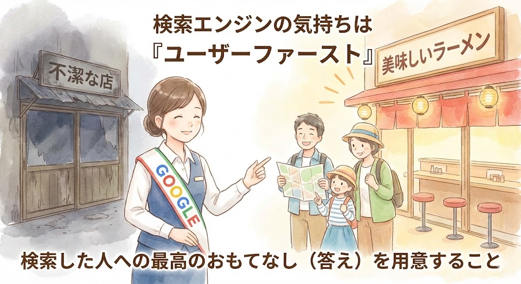 検索エンジンの「ユーザーファースト」の精神を表現したイラスト。Googleなどの検索エンジンが、ユーザーを不潔な店ではなく、美味しくて快適なラーメン店（良質なWebサイト）へ案内する仕組み。