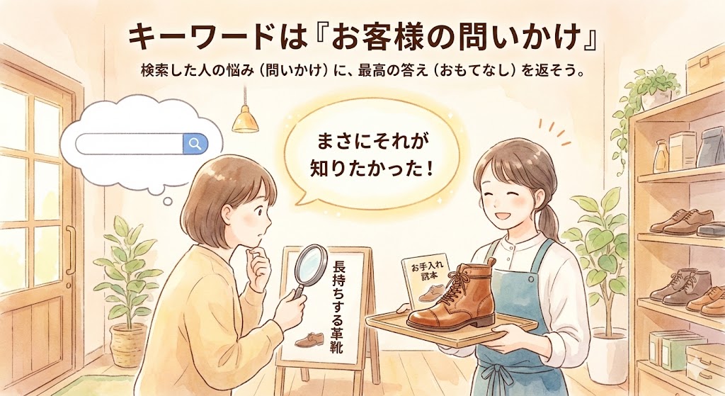 検索キーワードを「お客様の問いかけ」と定義したイラスト。ユーザーの悩み（検索クエリ）に対して、まさにそれが知りたかったと思わせる最高の答え（コンテンツ）を用意することの重要性。