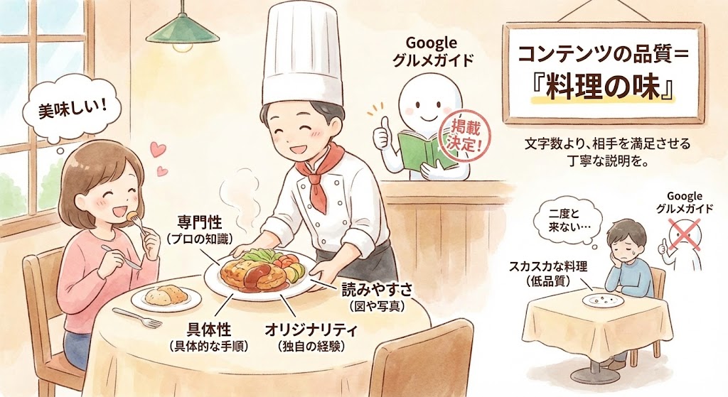 コンテンツの品質を「料理の味」に例えた図解。文字数よりも、専門性・具体性・オリジナリティといった「味（中身）」が、ユーザーとGoogle（グルメガイド）の満足度を高めることを説明。
