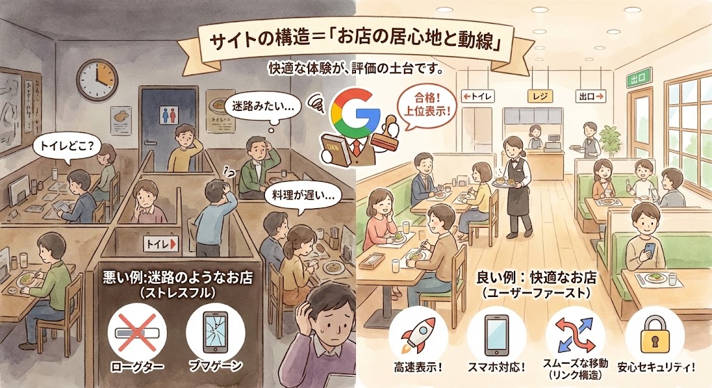 Webサイトの構造を「お店の居心地と動線」に例えた比較イラスト。迷路のような使いにくいサイト（悪い例）と、整理整頓されスマホ対応や高速表示ができる快適なサイト（良い例）の対比。