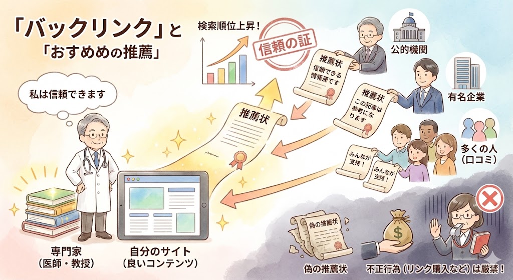 被リンク（バックリンク）を「信頼できる第三者からの推薦状」に例えた図。専門家や公的機関からのリンクはサイトの信頼性を高めるが、リンク購入などの不正行為は厳禁であることを解説。