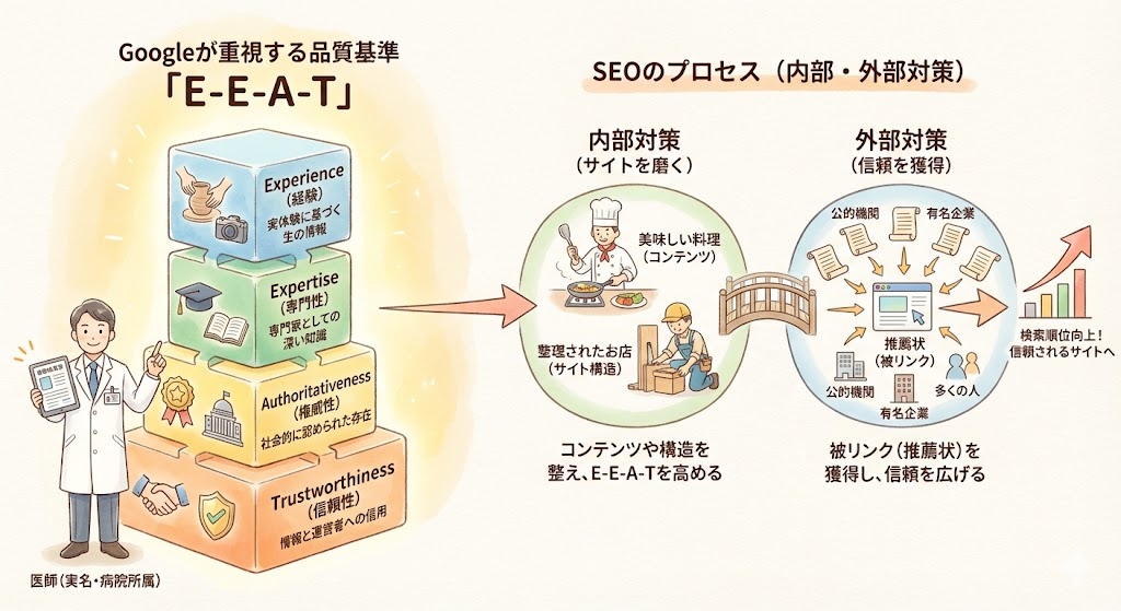 Googleの品質評価基準「E-E-A-T（経験・専門性・権威性・信頼性）」とSEOプロセスの図解。内部対策でコンテンツを磨き、外部対策で信頼（被リンク）を獲得して検索順位を上げる流れ。